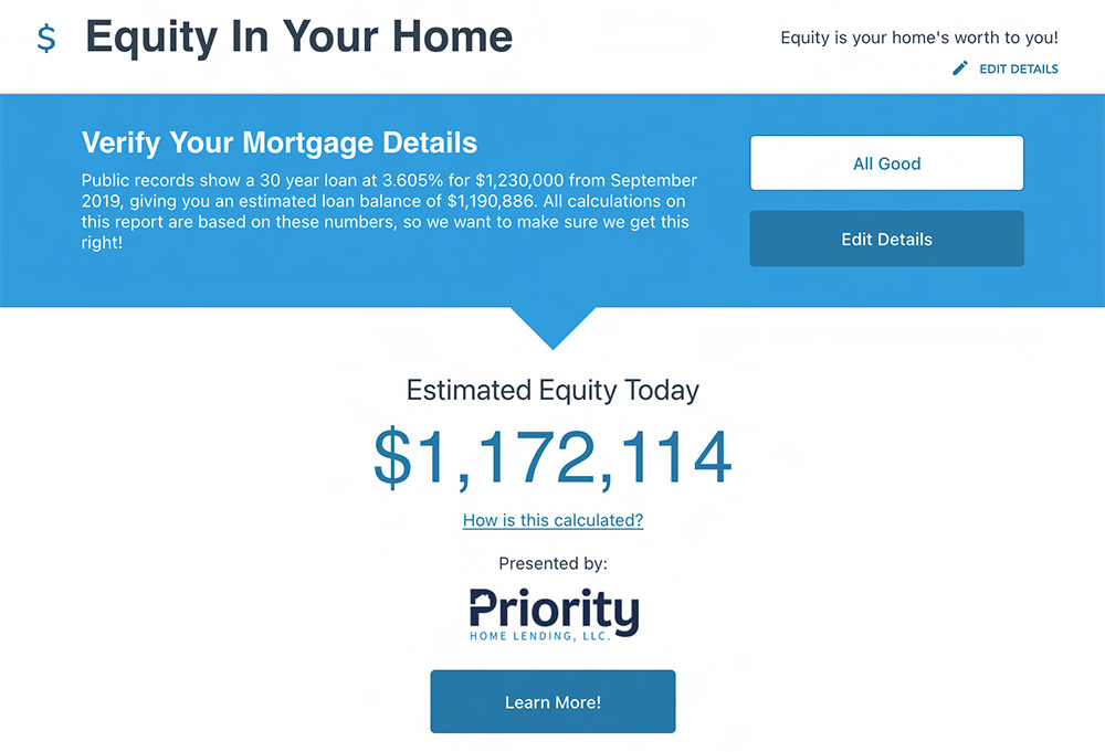 Dashboard showing an example of equity in your home